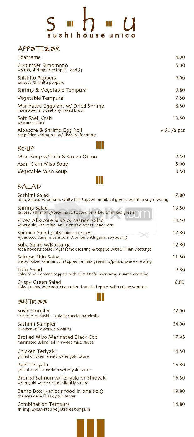 SHU - Sushi House Unico - Los Angeles, CA menu_pic