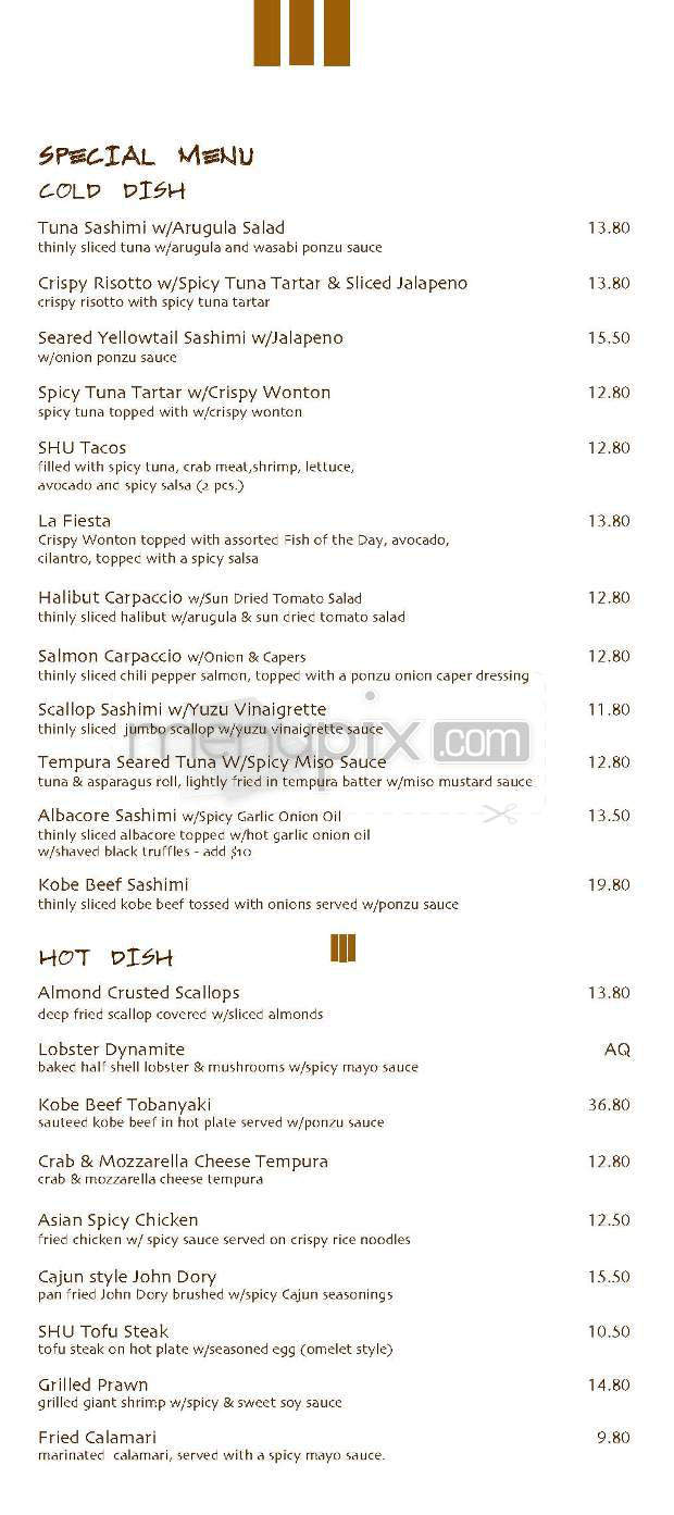 SHU - Sushi House Unico - Los Angeles, CA menu_pic