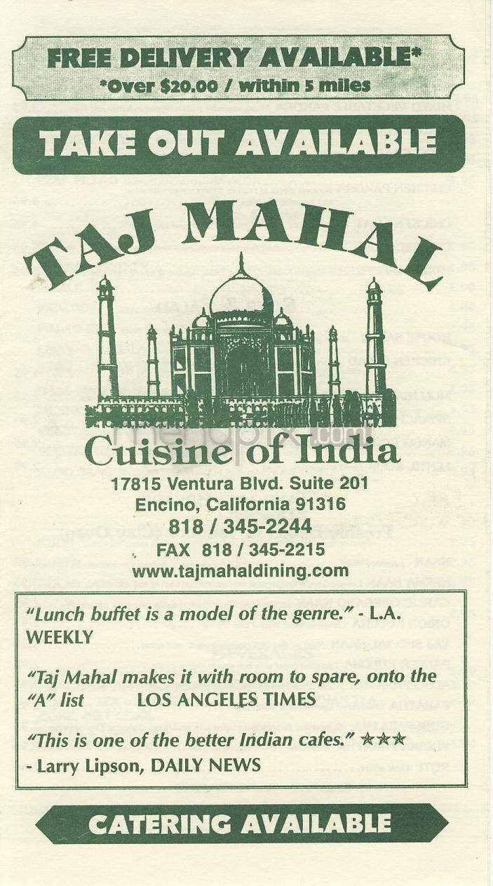 Taj Mahal - Encino, CA menu_pic