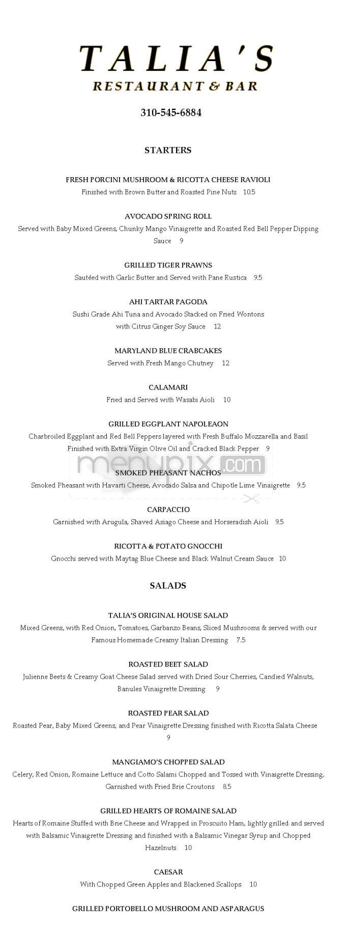 Talia's Italian Restaurant - Manhattan Beach, CA menu_pic