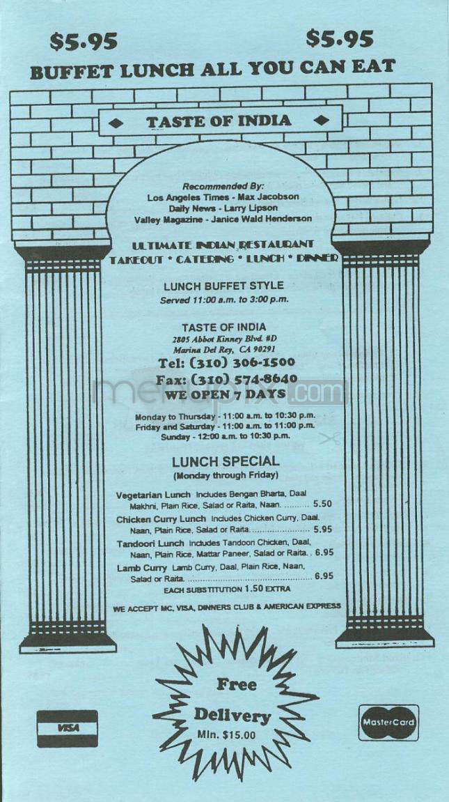 Taste Of India - Marina Del Rey, CA menu_pic