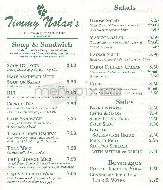 Timmy Nolan's Tavern - Toluca Lake, CA menu_pic