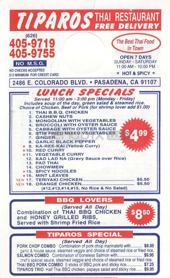 Tiparos Thai Restaurant - Pasadena, CA menu_pic