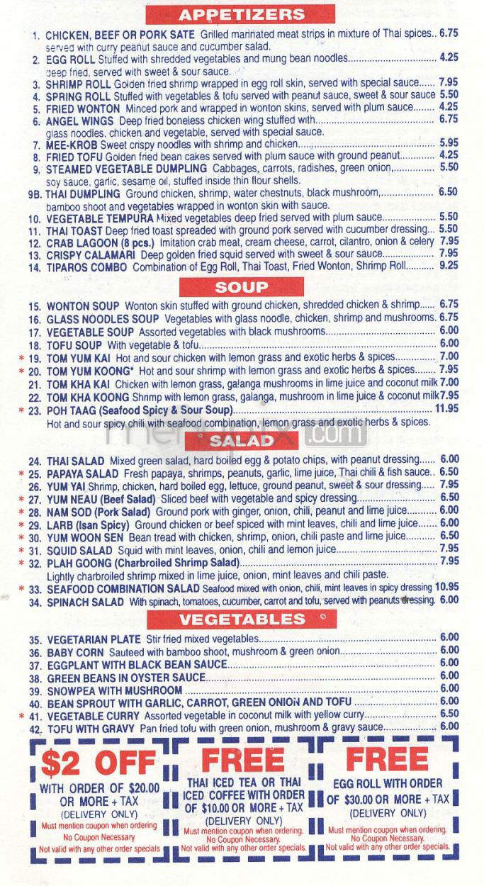 Tiparos Thai Restaurant - Pasadena, CA menu_pic