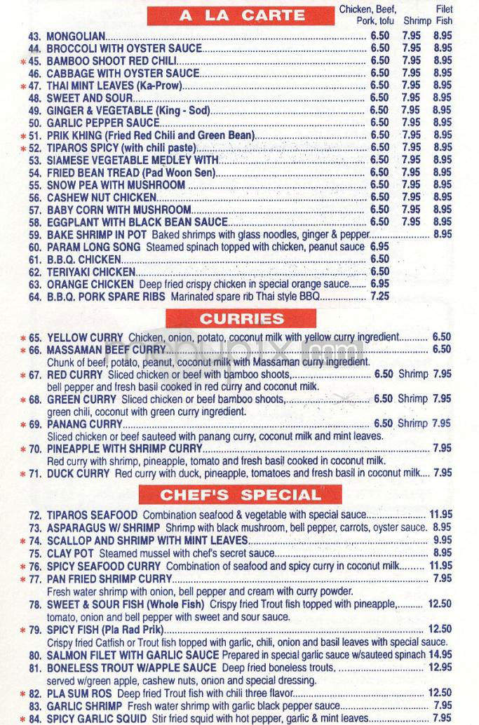 Tiparos Thai Restaurant - Pasadena, CA menu_pic