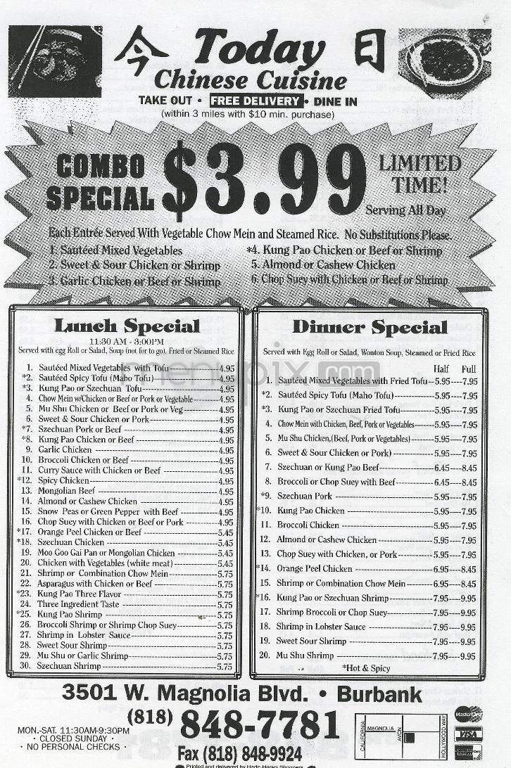 Today Chinese Cuisine - Burbank, CA menu_pic