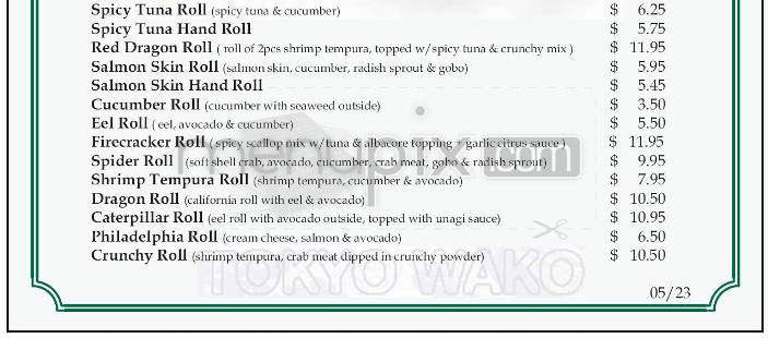 Tokyo Wako Restaurant - Pasadena, CA menu_pic