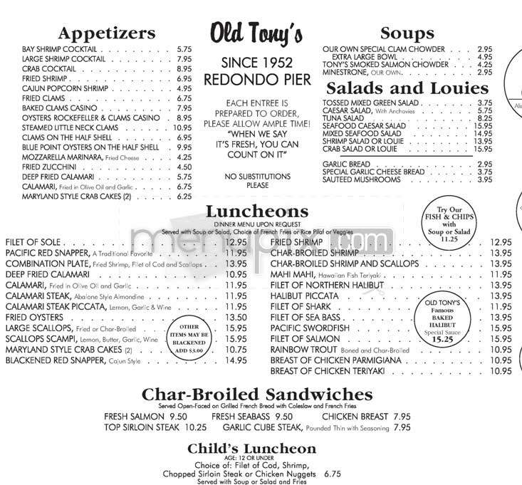 Tony's on the Pier - Redondo Beach, CA menu_pic