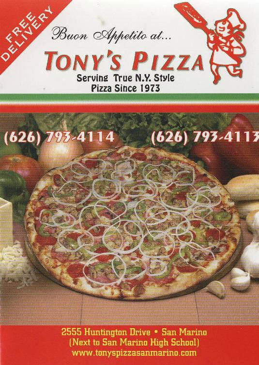 Tony's Pizza - San Marino, CA menu_pic
