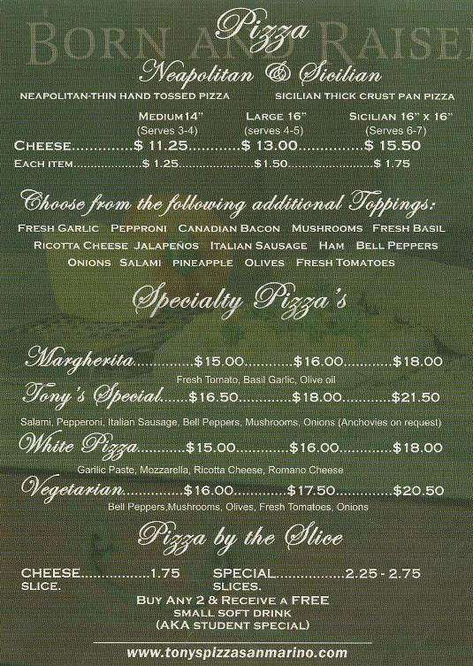 Tony's Pizza - San Marino, CA menu_pic