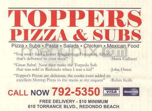 Toppers Pizza & Subs - Redondo Beach, CA menu_pic