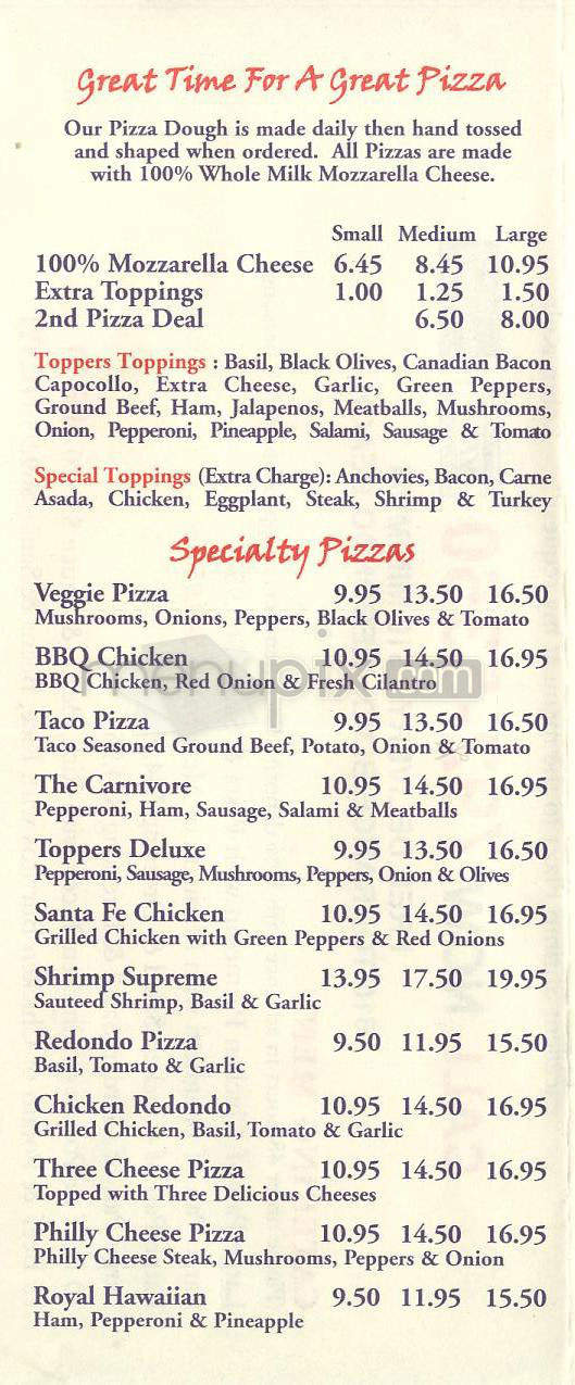 Toppers Pizza & Subs - Redondo Beach, CA menu_pic