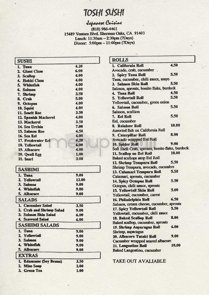Menu of Toshi Sushi Japanese Cuisine in Sherman Oaks CA 91403