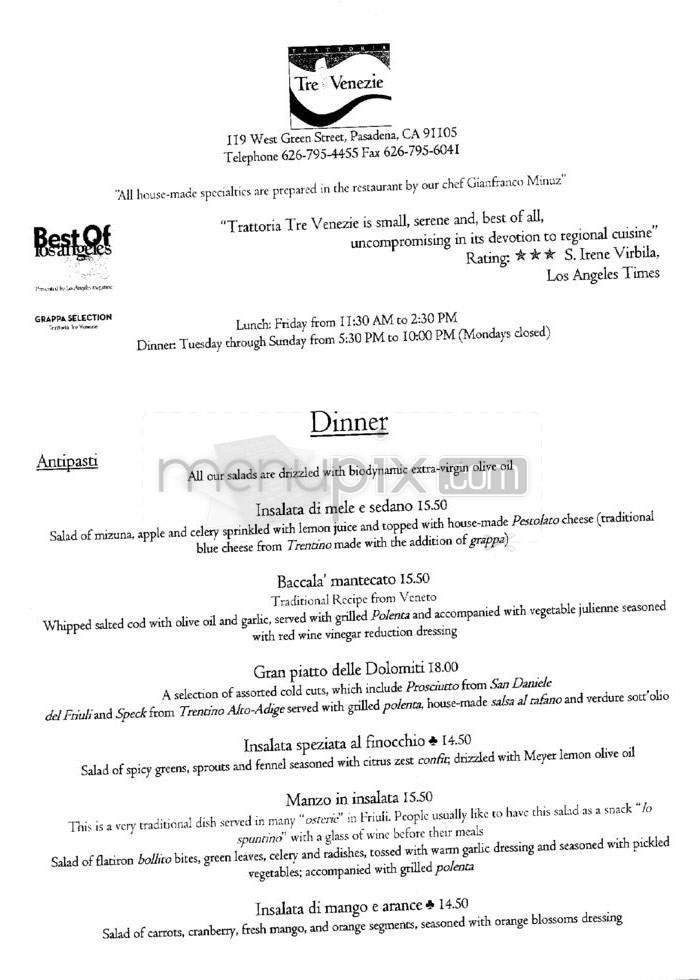 Trattoria Tre Venezie - Pasadena, CA menu_pic