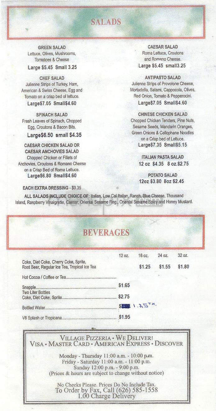 Village Pizzeria - Pasadena, CA menu_pic