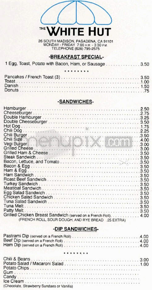 White Hut - Pasadena, CA menu_pic