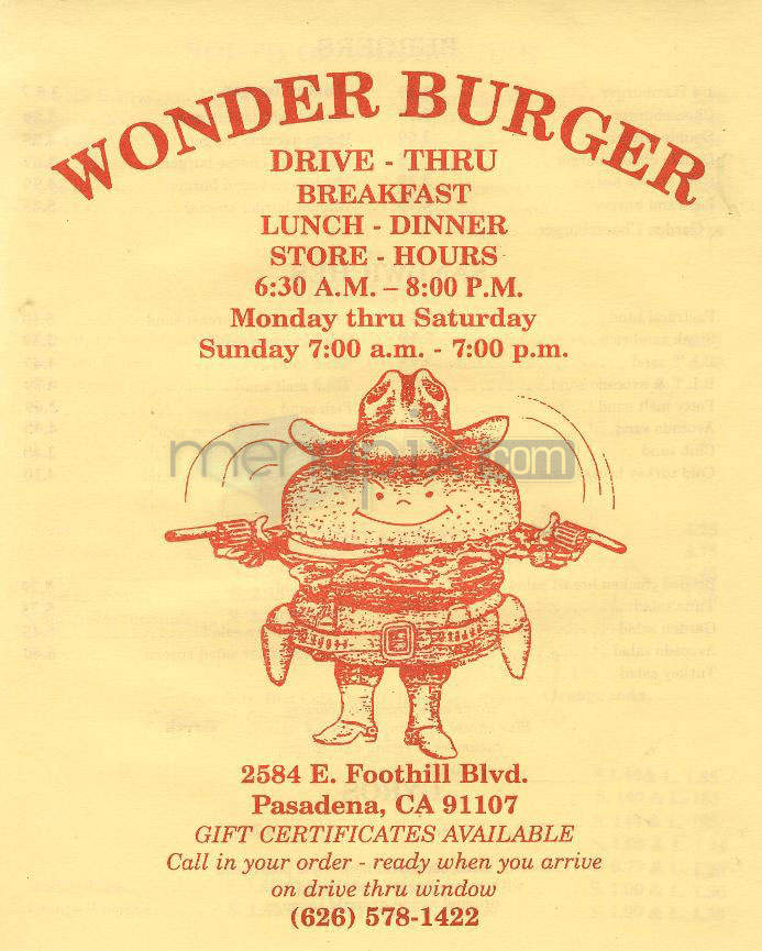 Wonder Burger - Pasadena, CA menu_pic