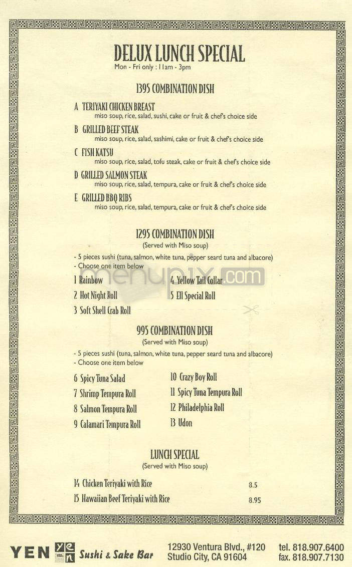 Yen Sushi & Sake Bar - Studio City, CA menu_pic