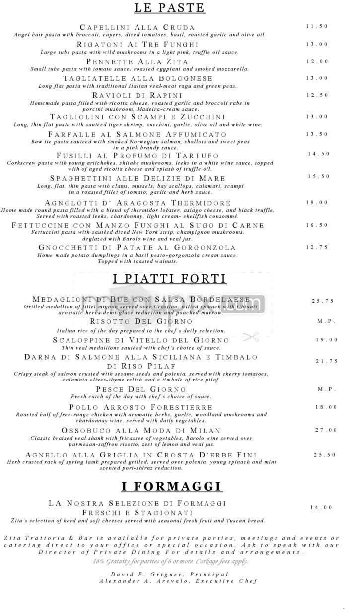 Zita Trattoria - Los Angeles, CA menu_pic