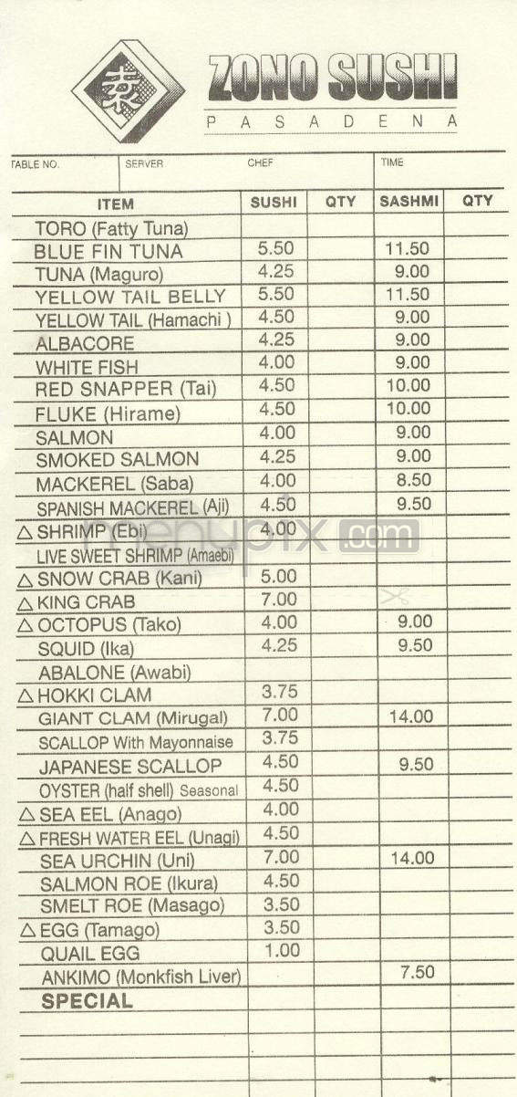 Zono Sushi - Pasadena, CA menu_pic
