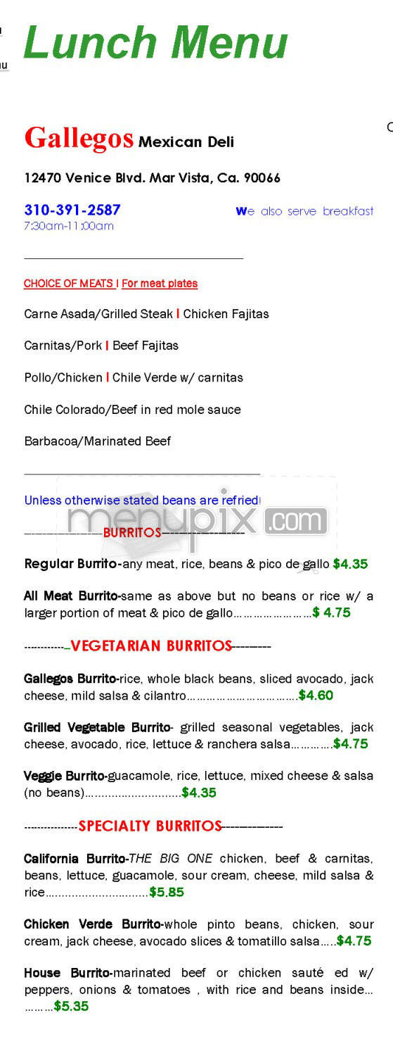 Gallegos Mexican Deli - Los Angeles, CA menu_pic