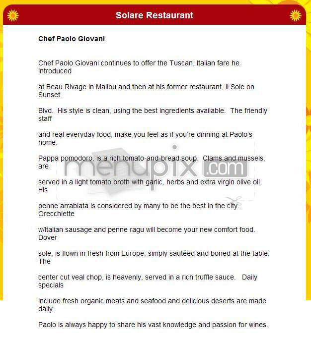 Solare Ristorante - Los Angeles, CA menu_pic