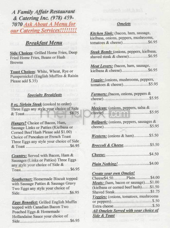 A Family Affair Restaurant - Lowell, MA menu_pic
