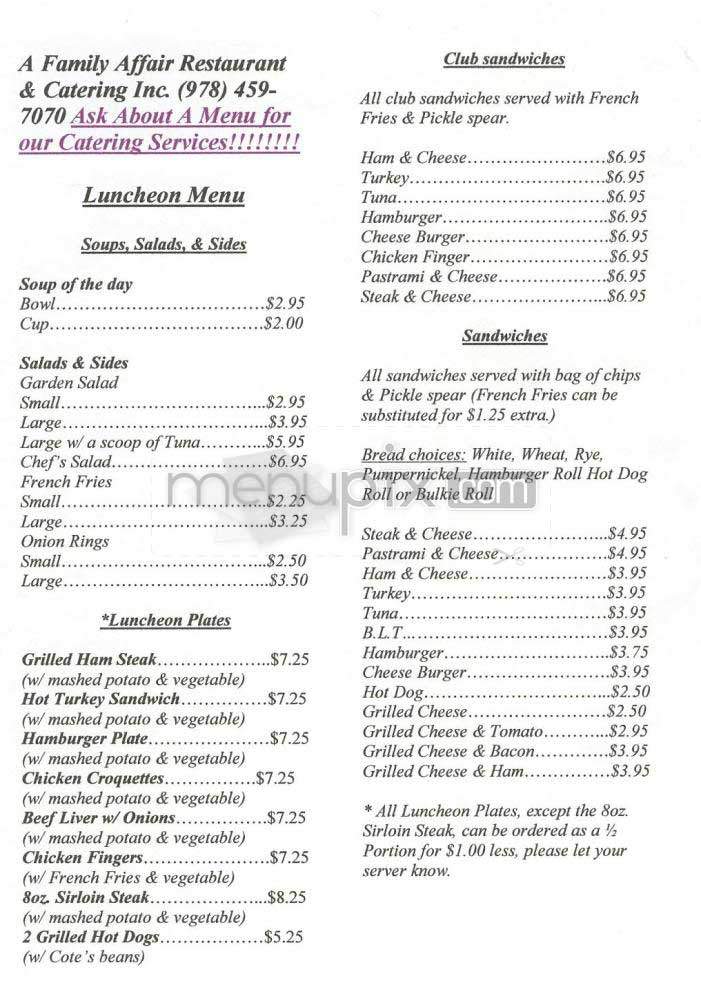 A Family Affair Restaurant - Lowell, MA menu_pic