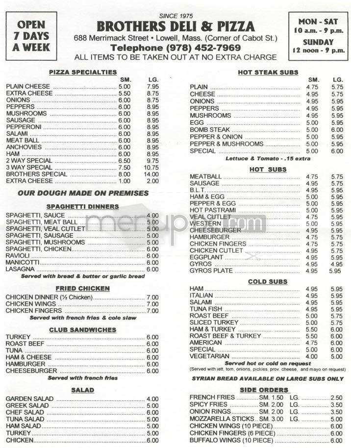 Brother's Deli & Pizza - Lowell, MA menu_pic