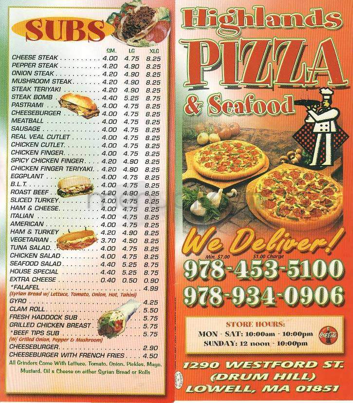 Highland's Pizza & Seafood - Lowell, MA menu_pic