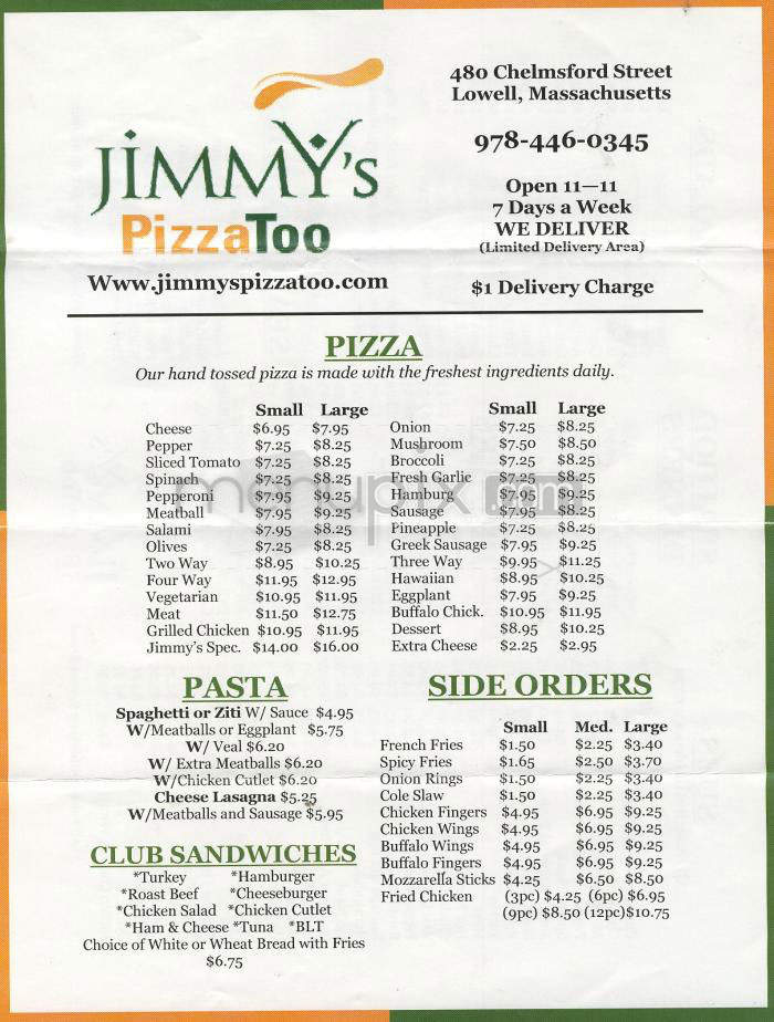 Jimmy's Pizza Too - Lowell, MA menu_pic