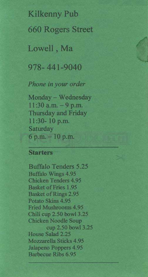 Kilkenny Pub - Lowell, MA menu_pic