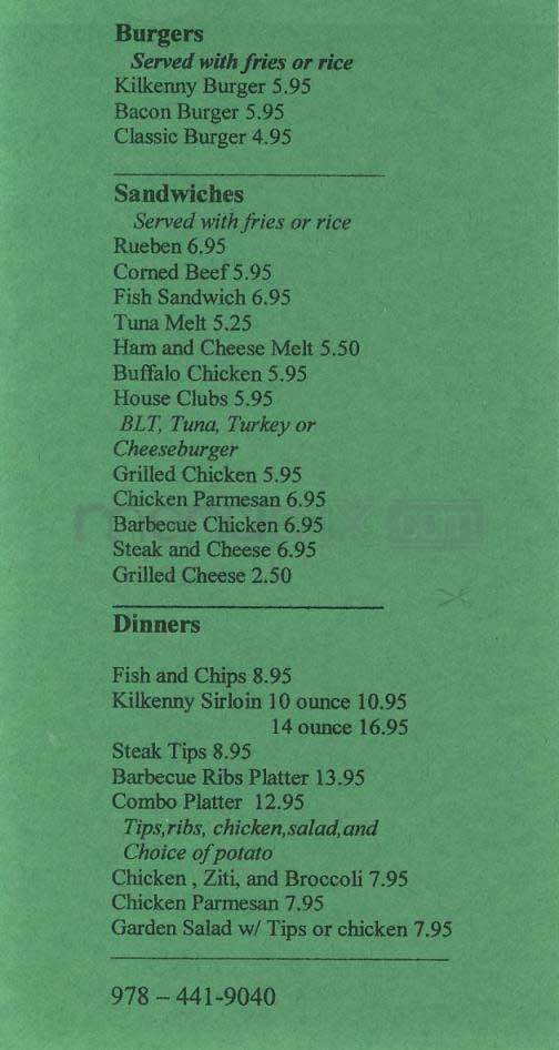 Kilkenny Pub - Lowell, MA menu_pic