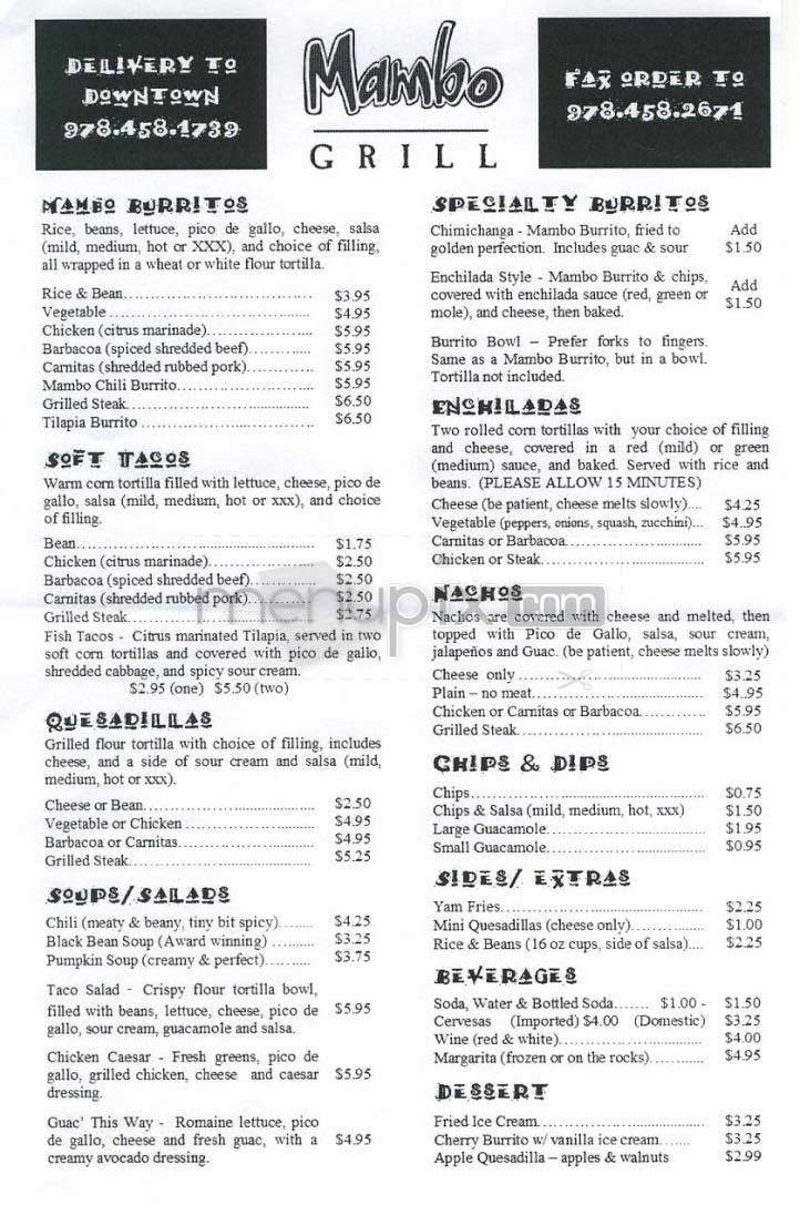 Mambo Grill - Lowell, MA menu_pic
