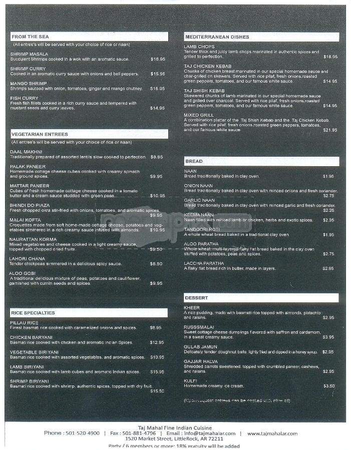 Taj Mahal Indian Cuisine & Mediterranean - Little Rock, AR menu_pic