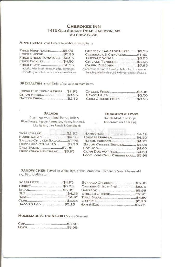 Cherokee Inn - Jackson, MS menu_pic