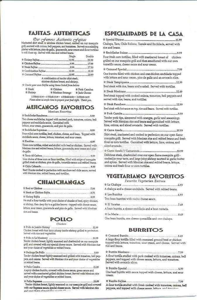 Cozumel Mexican Restaurant - Ridgeland, MS menu_pic