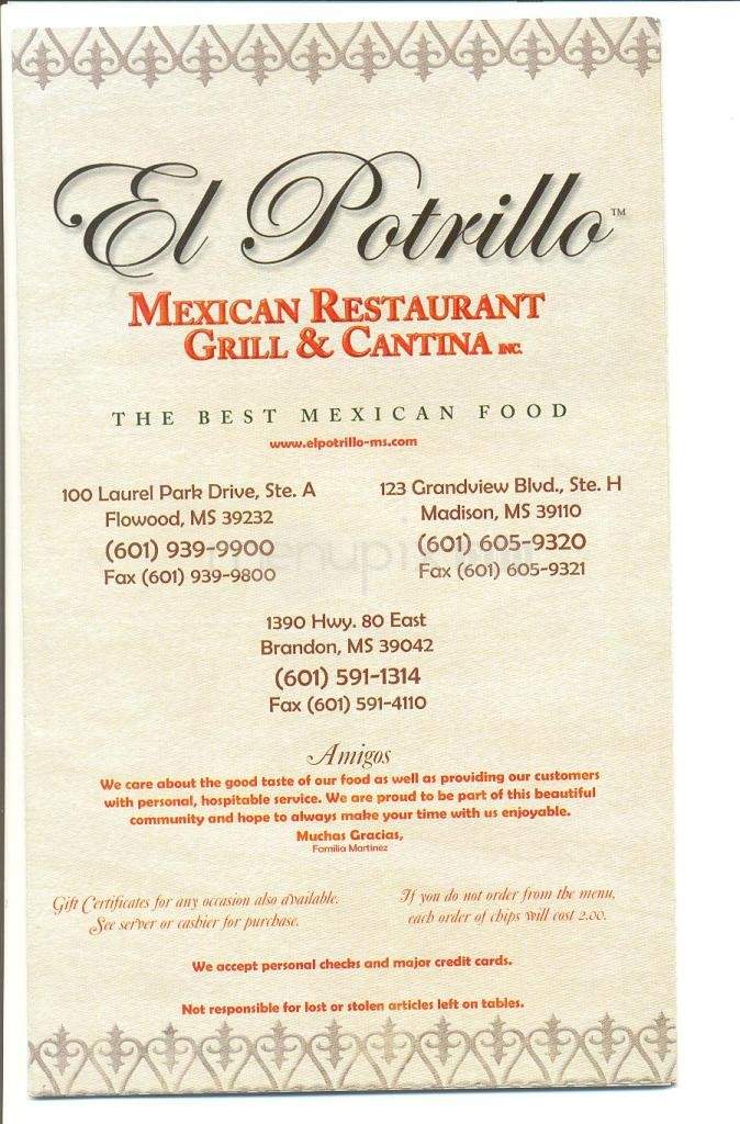 El Potrillo Mexican Restaurant - Brandon, MS menu_pic