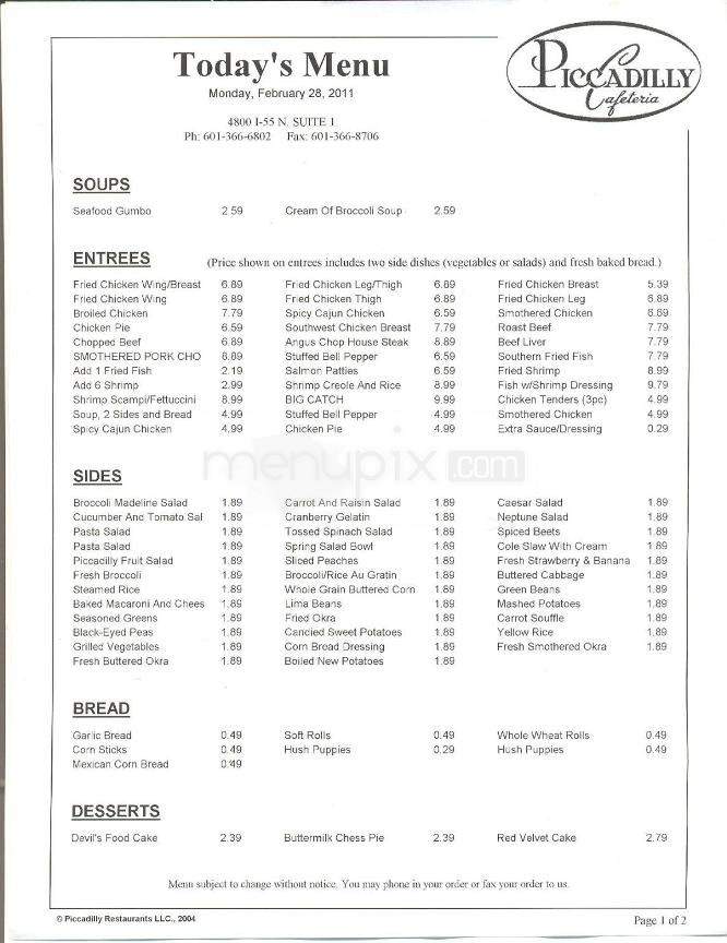 Picadilly Cafeteria - Jackson, MS menu_pic