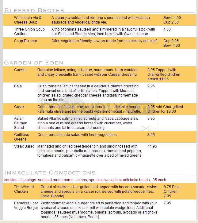 Angelic Brewing Company - Madison, WI menu_pic