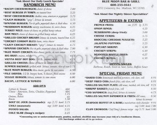 Blue Moon Bar & Grill - Madison, WI menu_pic