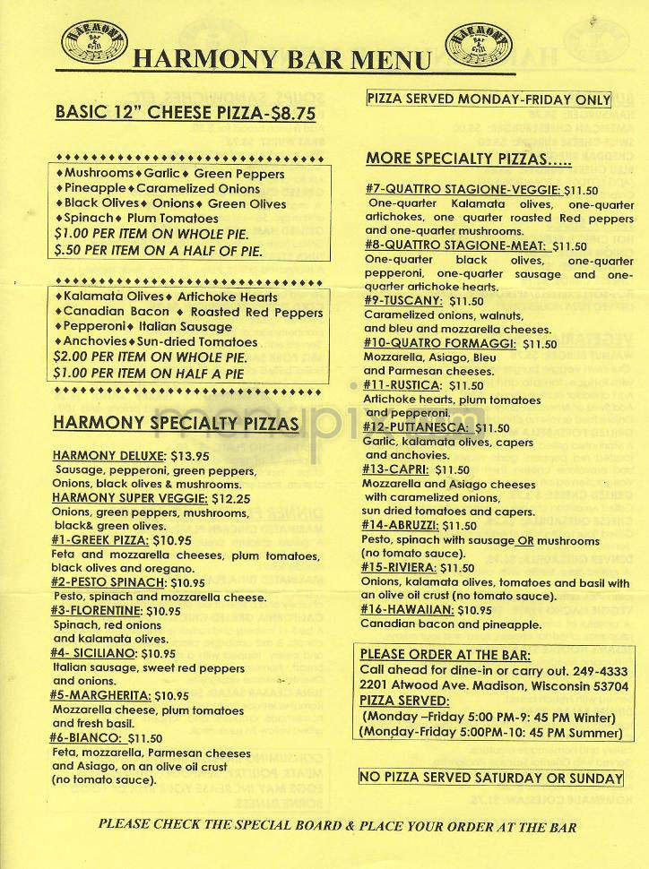Harmony Bar & Grill - Madison, WI menu_pic