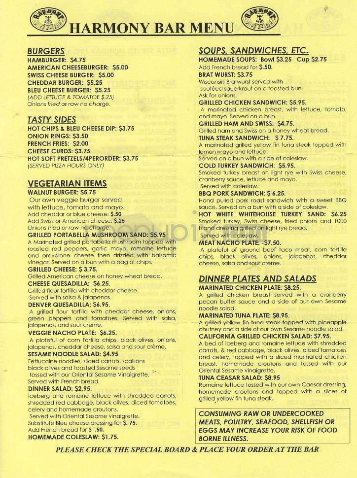 Harmony Bar & Grill - Madison, WI menu_pic