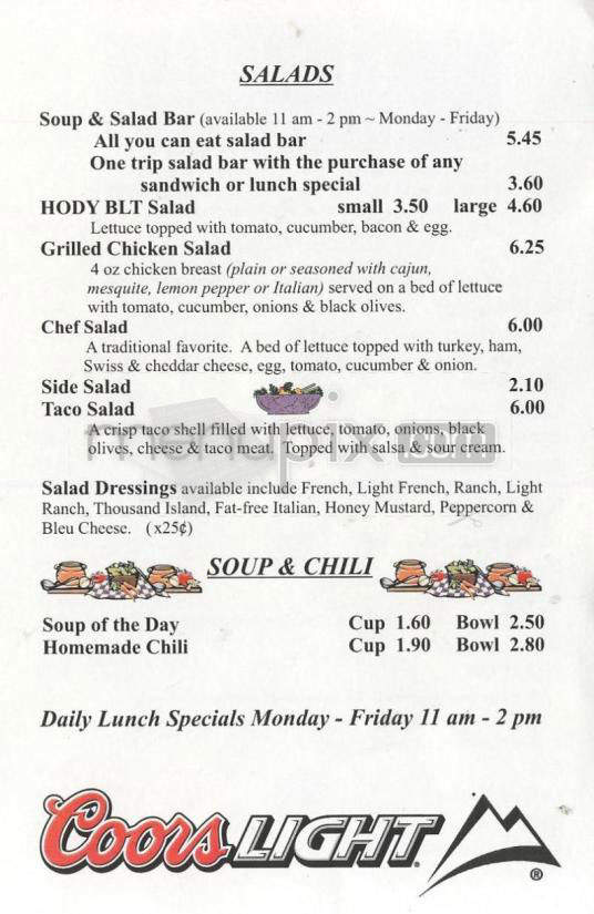 Hody Bar & Grill - Middleton, WI menu_pic