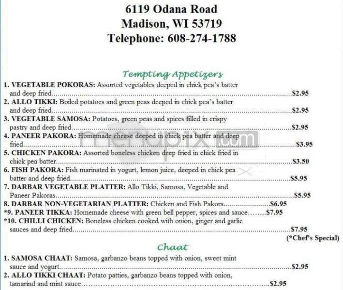India Darbar Restaurant - Madison, WI menu_pic