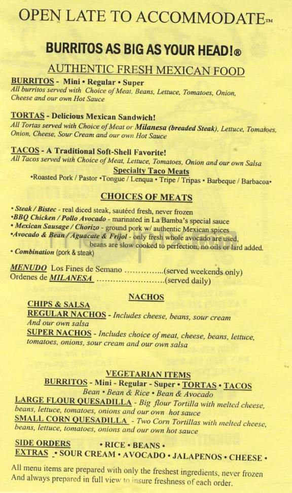 La Bamba - Madison, WI menu_pic