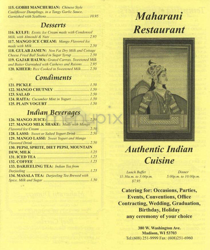 Maharani Restaurant - Madison, WI menu_pic