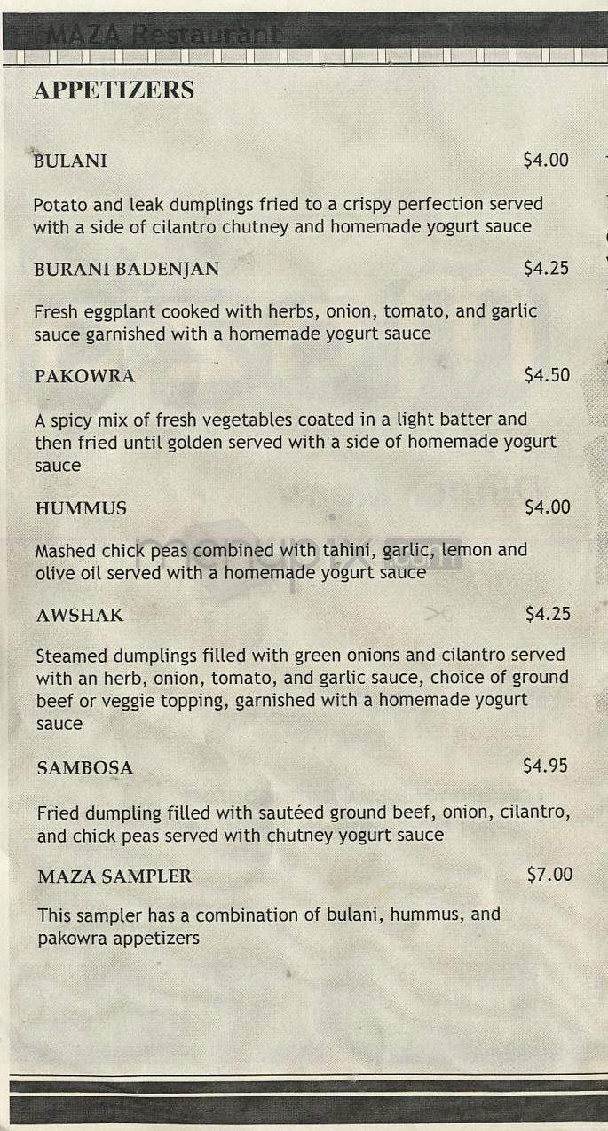 Maza - Madison, WI menu_pic