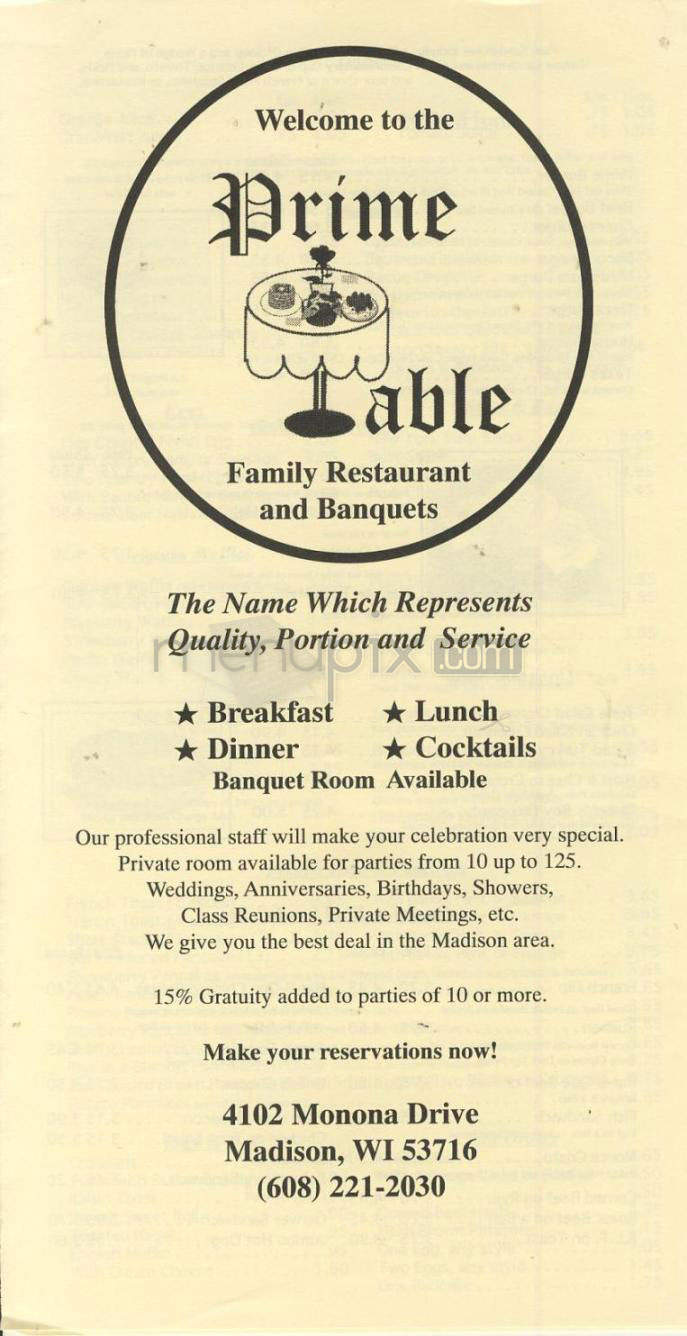 Prime Table Restaurant - Madison, WI menu_pic