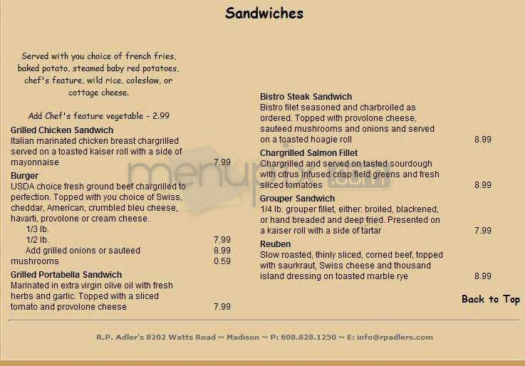 R.P. Adler's Pub & Grill - Madison, WI menu_pic